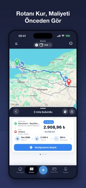 Uygulama ekranları: rota, istasyonlar, masraflar, hatırlatıcılar
