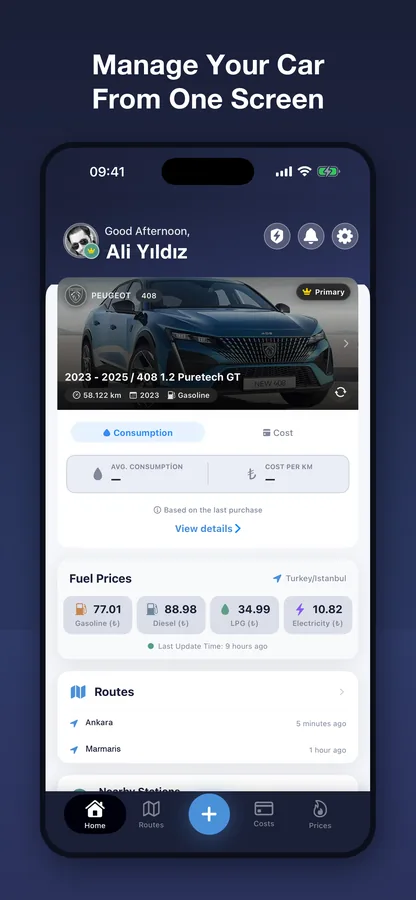 KaçaGiderim home screen: vehicle card, consumption and fuel prices